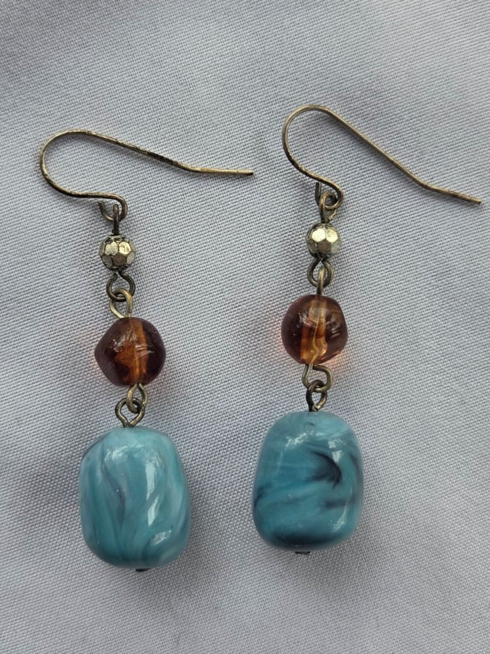Handcrafted Western Turquoise Blue Amber Glass Bead Fishhook Dangle Earrings